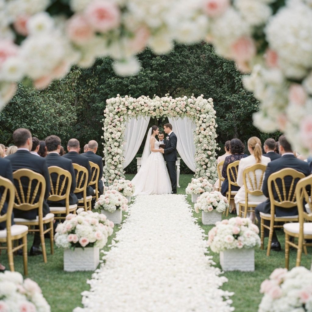 Outdoor ceremony with golden chairs