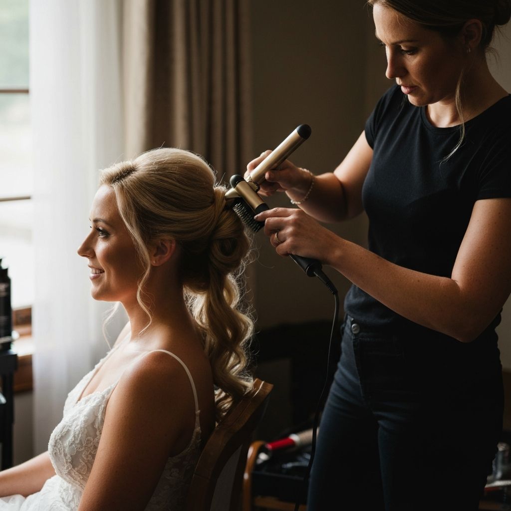 Bride having hair styled by professional artist